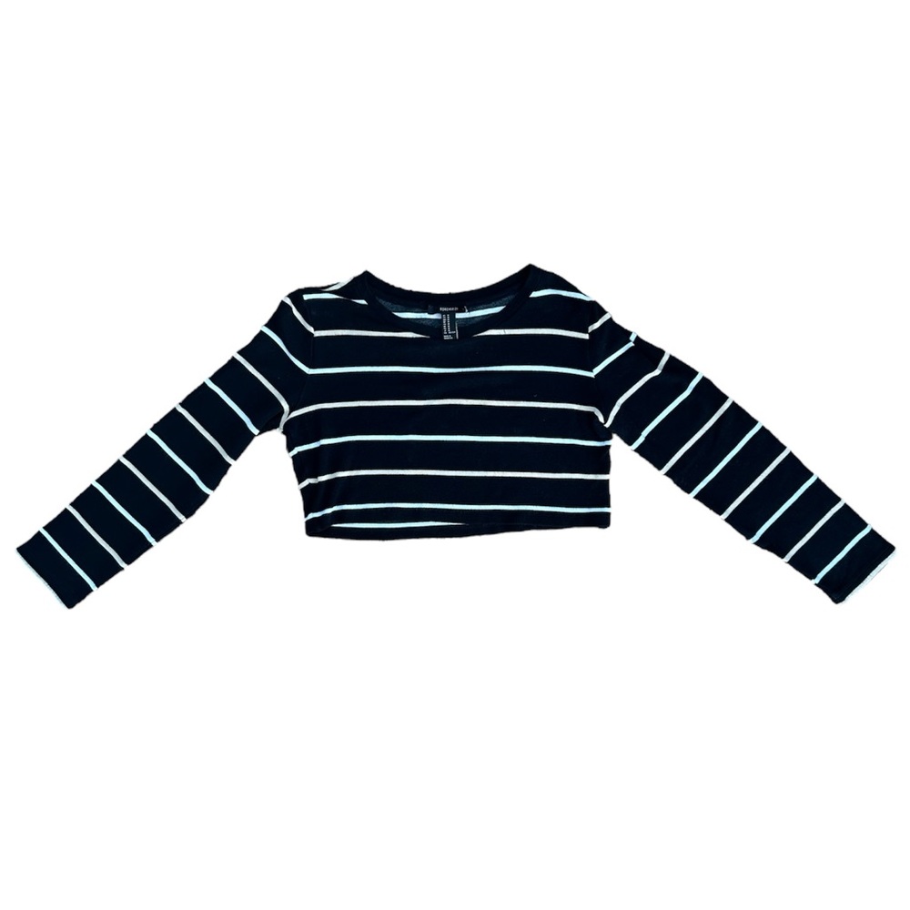 Forever 21 Women’s Black Long Sleeved Cropped Top with White and Beige Stripes